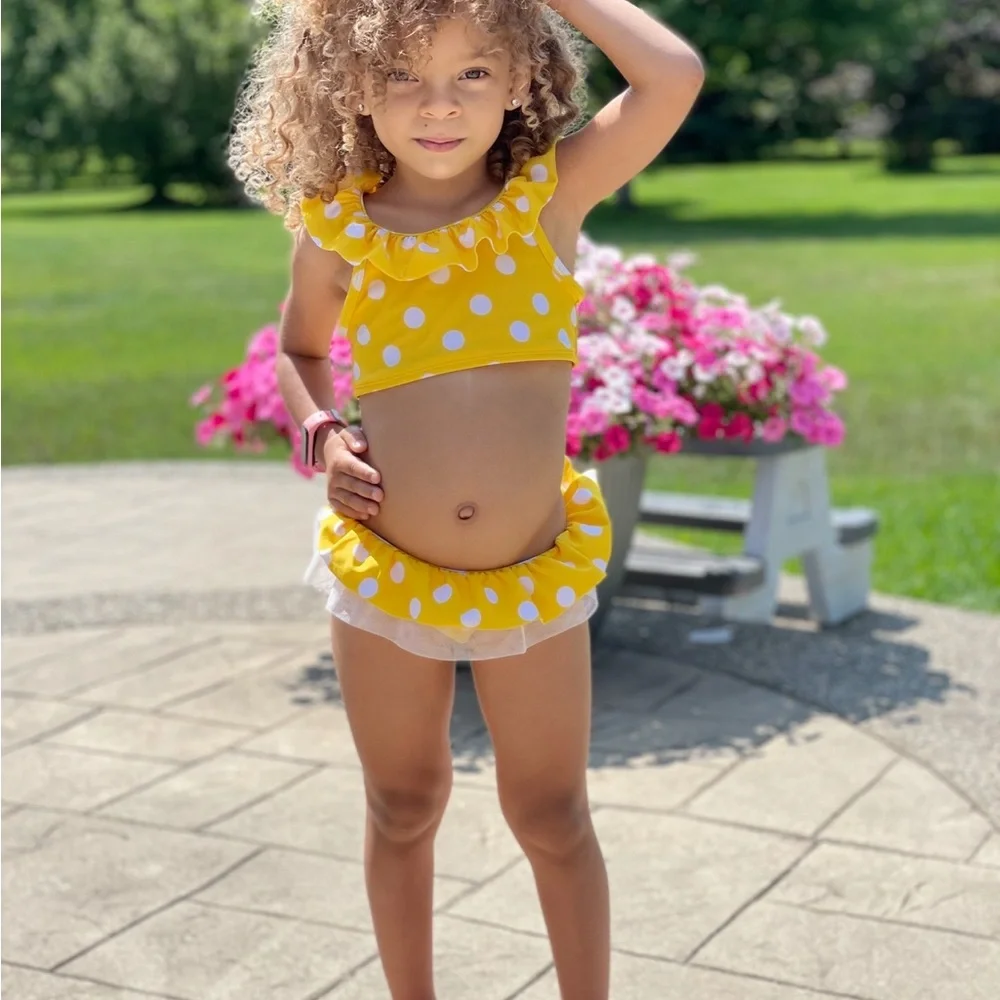 Yellow Polka Dot Ruffle Bikini Set